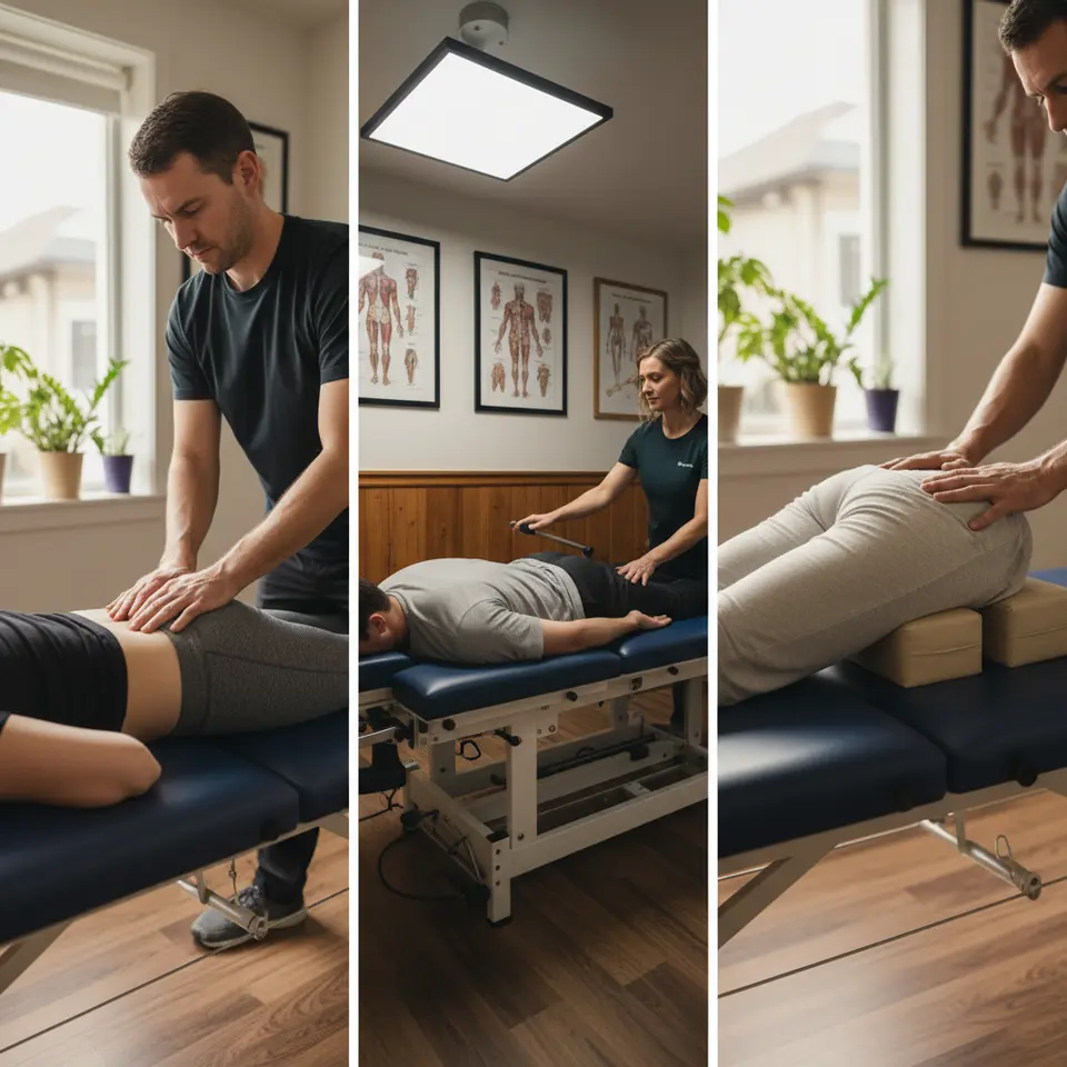 Natural chiropractic adjustment techniques: a practitioner performing a high-velocity, low-amplitude spinal thrust on the lower back, a patient on a flexion-distraction table gently stretching the lumbar spine, and cushioned pelvic blocks under the hips to realign the sacroiliac joints—each illustrated side by side.